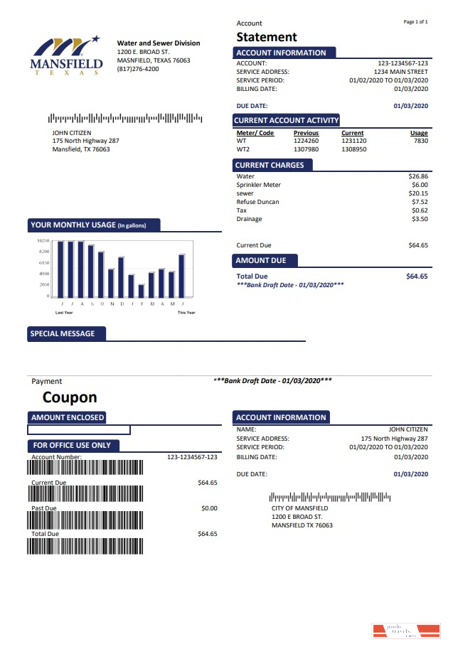 USA Mansfield Texas utility bill template in Word and PDF format (.doc and .pdf)